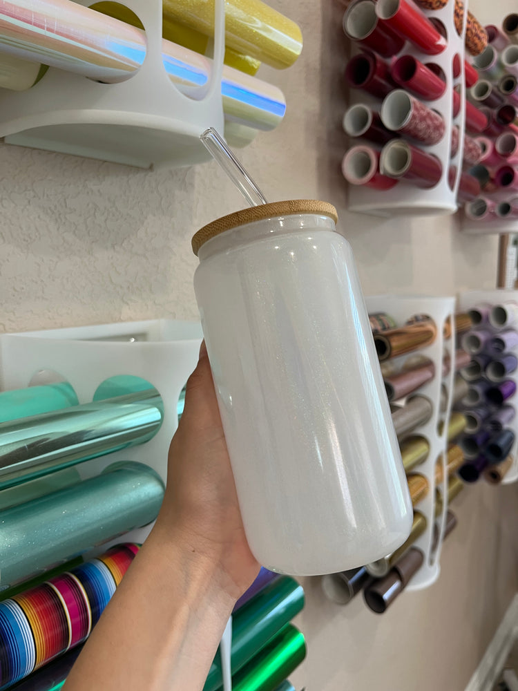 16 oz Sublimation glitter white Glass Can