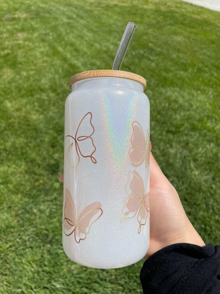 Pink butterflies white glitter 16 oz cup