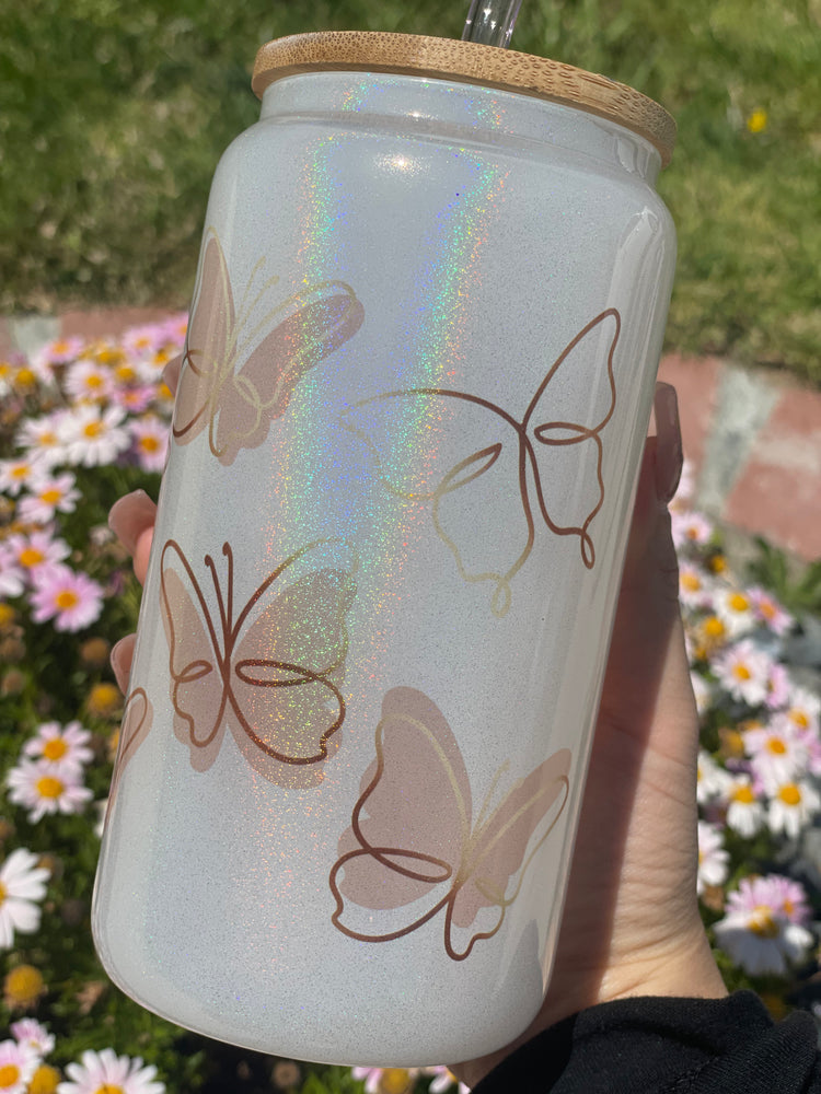 Pink butterflies white glitter 16 oz cup
