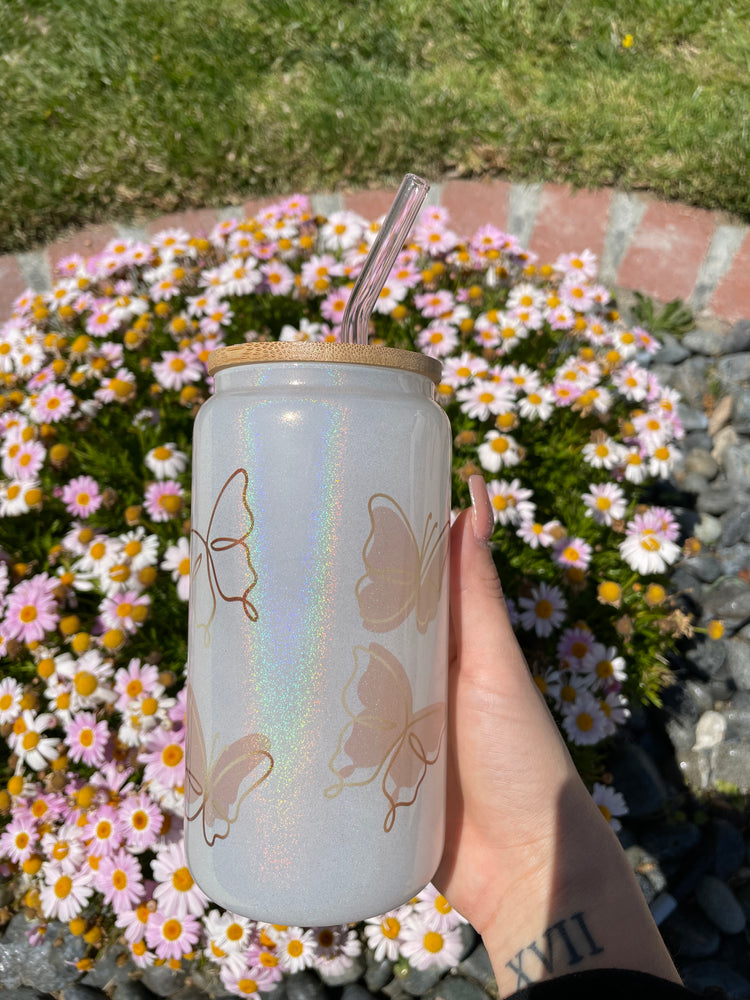 Pink butterflies white glitter 16 oz cup