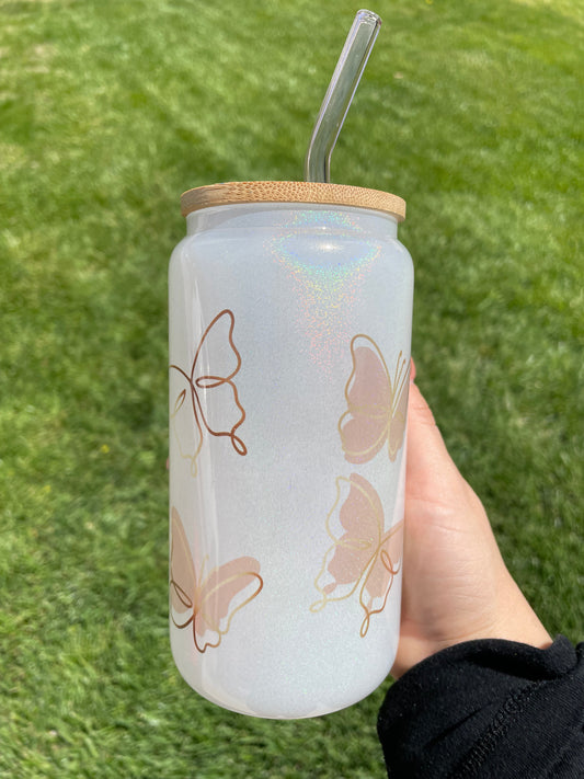 Pink butterflies white glitter 16 oz cup